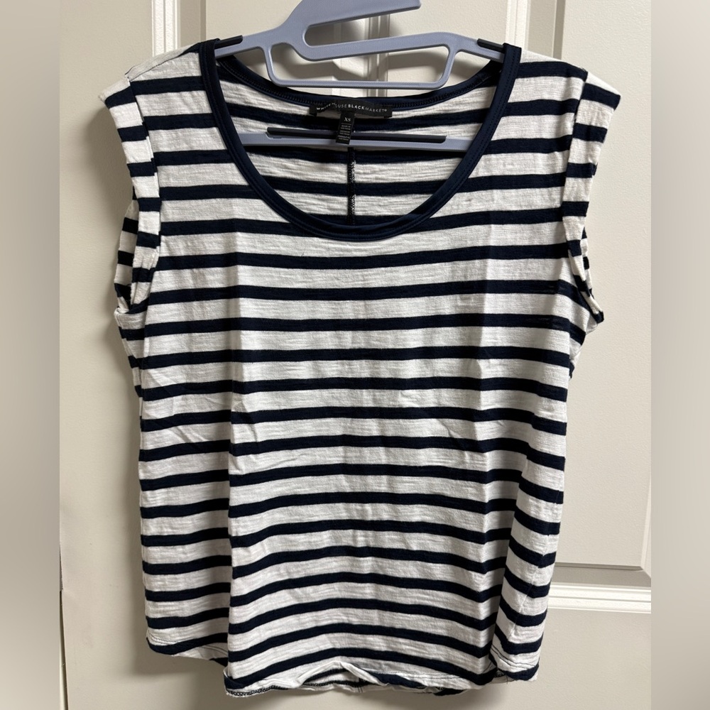 White House Black Market Navy and White Striped Short Sleeve Top, XS